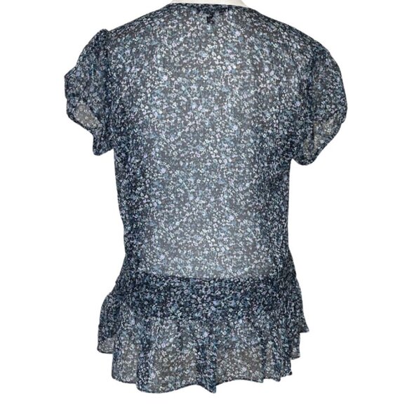 Express Women's Blue Sheer Ruffled Peplum V-Neck Blouse Top Side Zip Large - Picture 2 of 6